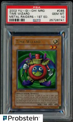 2002 Yu-Gi-Oh! MRD Metal Riders 1st Edition #065 Time Wizard PSA 10 GEM MINT - Image 1
