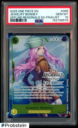 2025 One Piece EN Offline Regionals S2 Finalist #085 Jewelry Bonney PSA 10 GEM - Image 1