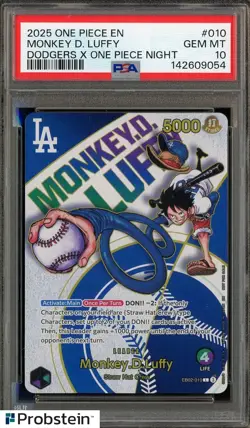 2025 ONE PIECE PROMOS DODGERS X ONE PIECE NIGHT #010 MONKEY D. LUFFY PSA 10 - Image 1