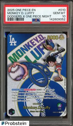 2025 ONE PIECE PROMOS DODGERS X ONE PIECE NIGHT #010 MONKEY D. LUFFY PSA 10 - Image 1