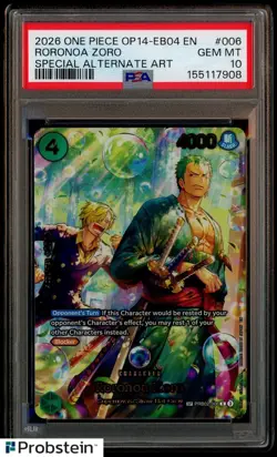 2026 ONE PIECE OP14-EB04-THE AZURE SEA'S SEVEN #006 RORONOA ZORO PSA 10 GEM MINT - Image 1