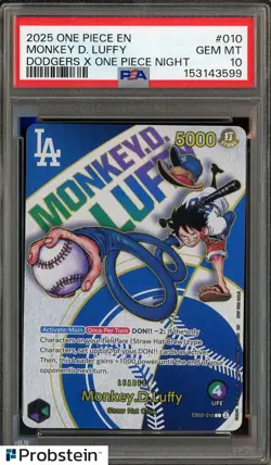2025 ONE PIECE PROMOS DODGERS X ONE PIECE NIGHT #010 MONKEY D. LUFFY PSA 10 - Image 1