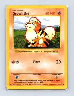Growlithe 28/102 Uncommon Base Set Shadowless Pokemon Unlimited Lightly Played - Image 1
