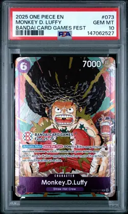 2025 ONE PIECE OP07-073 BANDAI CARD GAMES FEST 25-26 MONKEY D LUFFY PROMO PSA 10 - Image 1