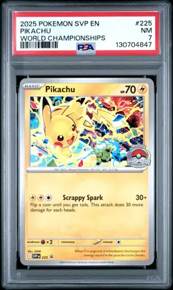 2025 POKEMON SVP EN-SV BLACK STAR PROMO WORLD CHAMPIONSHIPS #225 PIKACHU PSA 7 - Image 1