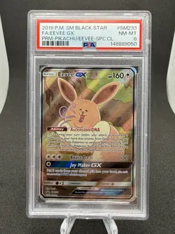 2019 POKEMON SM BLACK STAR PROMO #SM233 FA/EEVEE GX PRM-PIKACHU SPC.CL. PSA 8 - Image 1