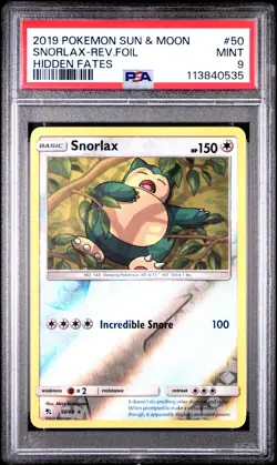 2019 POKEMON SUN & MOON HIDDEN FATES #50 SNORLAX-REVERSE FOIL PSA 9 - Image 1