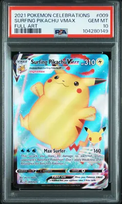 2021 POKEMON CELEBRATIONS #009 FULL ART/SURFING PIKACHU VMAX PSA 10 - Image 1