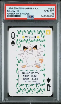 PSA 10 Meowth #052 Pokemon Green Poker Playing Card Vintage 1996 Queen of Spades - Image 1