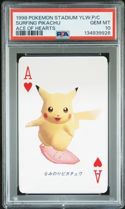 PSA 10 - Surfing Pikachu Ace of Hearts Pokemon Stadium Yellow Poker Playing Card - Image 1