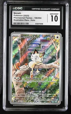 CGC 10 - Meowth 106/094 Illustration Rare Pokemon Phantasmal Flames PFL Gem Mint - Image 1