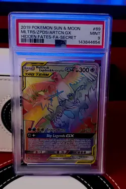 Pokemon 2019 Moltres Zapdos Articuno GX 69 Rainbow SR Hidden Fates GEM MT PSA 10 - Image 1