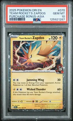 2025 POKEMON DESTINED RIVALS PURCHASE BONUS ASIA #70 TEAM ROCKET'S ZAPDOS PSA 10 - Image 1
