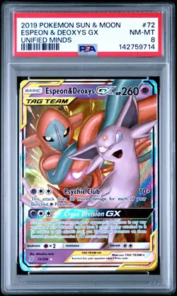 PSA 8 NM/MT 2019 POKEMON SUN & MOON UNIFIED MINDS 72 ESPEON & DEOXYS GX ENGLISH - Image 1