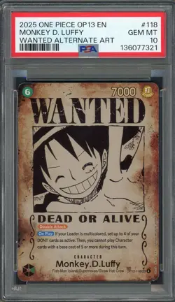 PSA 10 Monkey D. Luffy (Wanted) Carrying On His Will OP13-118 EN One Piece B5 - Image 1