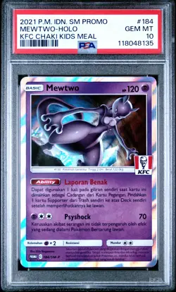 2021 POKEMON INDONESIAN SM PROMO KFC CHAKI KIDS MEAL #184 MEWTWO-HOLO PSA 10 - Image 1