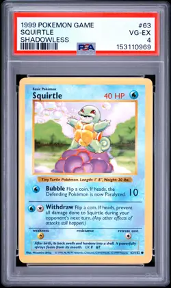 1999 POKEMON GAME SHADOWLESS #63 SQUIRTLE PSA 4 - Image 1
