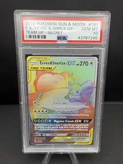2019 POKEMON SUN & MOON TEAM UP SECRET # 191 FULL ART EEVEE & SNORLAX GX PSA 10 - Image 1