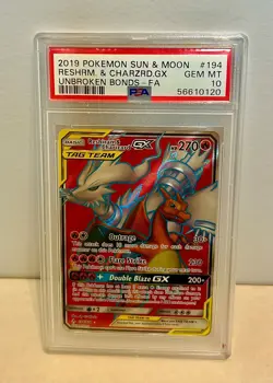 2019 POKEMON SUN & MOON UNBROKEN BONDS FULL ART/RESHIRAM & CHARIZARD GX PSA 10 - Image 1