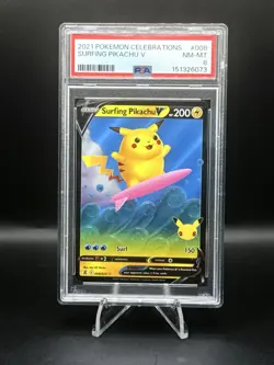 2021 POKEMON CELEBRATIONS #008 SURFING PIKACHU V PSA 8 - Image 1
