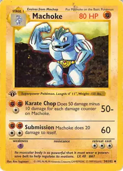 Machoke 34/102 Uncommon Base Set Shadowless Pokemon 1st Edition Heavily Played - Image 1