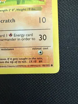 Pokemon Charmander 46/102 1st Edition Shadowless Base Set Card 1999 Unplayed NM - Image 3