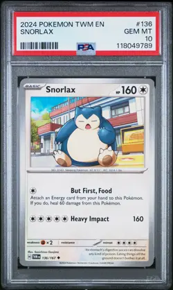 2024 POKEMON TWM EN-TWILIGHT MASQUERADE #136 SNORLAX PSA 10 - Image 1