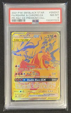 2021 POKEMON SM BLACK STAR PROMO #SM247 FULL ART/RESHIRAM & CHARIZARD GX PSA 8 - Image 1