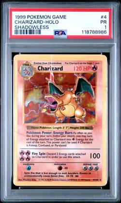 1999 POKEMON GAME SHADOWLESS #4 CHARIZARD-HOLO PSA 1 - Image 1