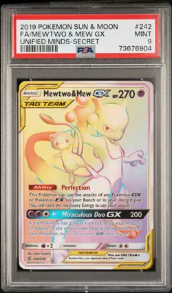 2019 POKEMON SUN & MOON UNIFIED MINDS SECRET #242 FULL ART/MEWTWO & MEW GX PSA 9 - Image 1