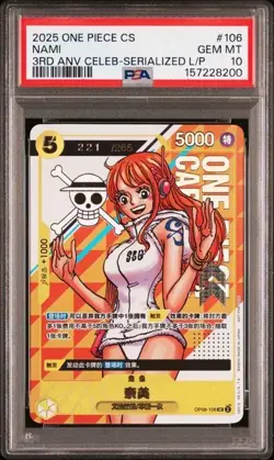 PSA 10 2025 One Piece Chinese Card Game 3rd Anniversary promo Nami OP08-106 SR - Image 1