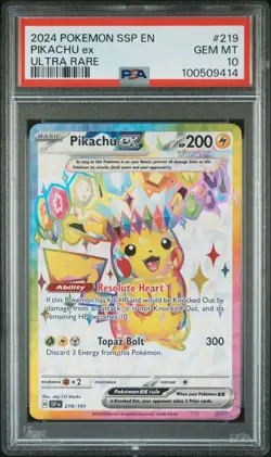 2024 POKEMON SSP EN-SURGING SPARKS ULTRA RARE #219 PIKACHU EX PSA 10 - Image 1