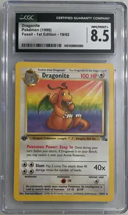 Vintage 1999 Pokemon Dragonite 19/62 1st Edition Fossil CGC 8.5 - Image 1