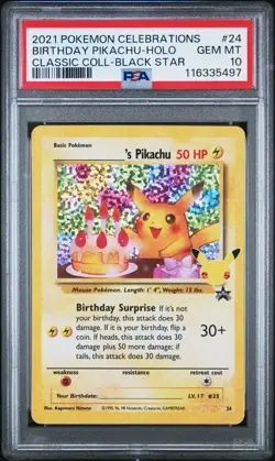 PSA 10 GEM MINT Birthday Pikachu 24 Pokemon Card Celebrations Classic Collection - Image 1