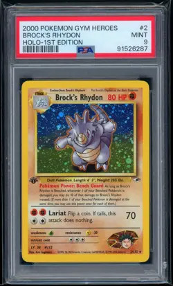 2000 Pokemon 1st Edition Gym Hero 2/132 Brock’s Rhydon Holo PSA MINT 9 - Image 1