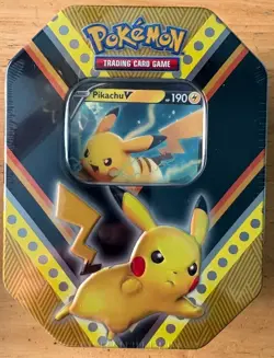 POKEMON V POWERS TIN PIKACHU NEW & SEALED 4 BOOSTER PACKS + PROMO SWORD SHIELD - Image 1