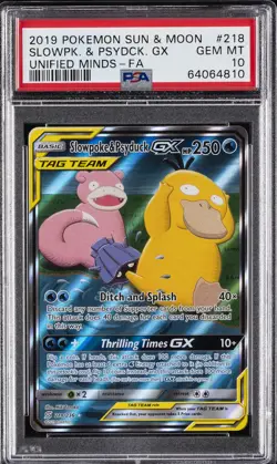 2019 POKEMON SUN & MOON UNIFIED MINDS #218 FULL ART/SLOWPOKE & PSYDUCK GX PSA 10 - Image 1