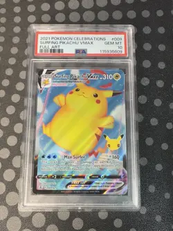 2021 POKEMON CELEBRATIONS #009 FULL ART/SURFING PIKACHU VMAX PSA 10 - Image 1