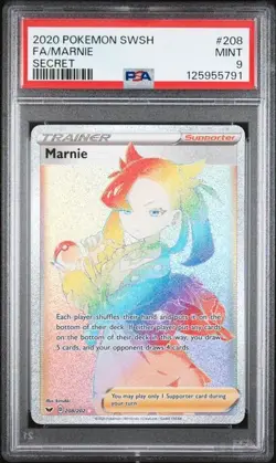 PSA 9 MARNIE 208 SWORD & SHIELD SECRET RARE RAINBOW TRAINER POKEMON MINT - Image 1