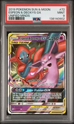 POKEMON ESPEON & DEOXYS GX Unified Minds Tag Team 72/236 PSA 9 MINT - Image 1