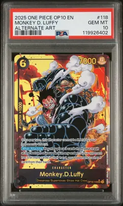 2025 ONE PIECE OP10-118 MONKEY D LUFFY ROYAL BLOOD ALT ART PARALLEL SEC PSA 10 - Image 1