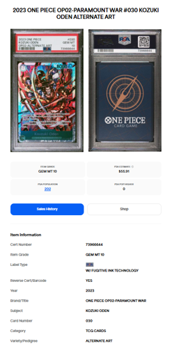 2023 One Piece Kozuki Oden OP02-030 SR PSA 10 MISLABELED READ DISCRIPTION - Image 3