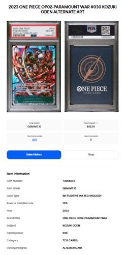 2023 One Piece Kozuki Oden OP02-030 SR PSA 10 MISLABELED READ DISCRIPTION - Image 3