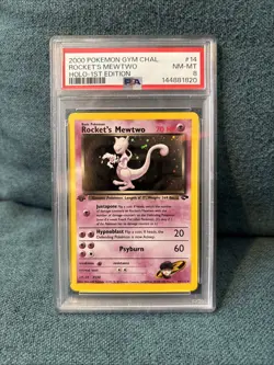1st Ed Pokemon TCG Rocket's Mewtwo 14/132 Gym Challenge Holo English Card PSA 8 - Image 1