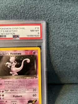 1st Ed Pokemon TCG Rocket's Mewtwo 14/132 Gym Challenge Holo English Card PSA 8 - Image 5