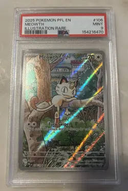 2025 Pokemon—Meowth #106/094 Phantasmal Flames—Illustration Rare Holo PSA 9 - Image 1