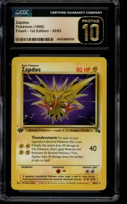 CGC 10 PRISTINE Pokemon Zapdos Fossil 1st Edition 30/62 - Image 1