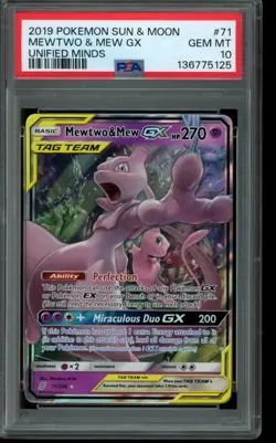 PSA 10 GEM MINT Pokemon Mewtwo Mew GX Unified Minds 71/236 - Image 1