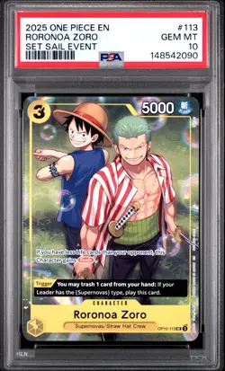 2025 ONE PIECE PROMOS SET SAIL EVENT #113 RORONOA ZORO PSA 10 - Image 1