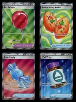 (4X) Pokemon Item Tool Lot RARE CANDY BUDDY-BUDDY POFFIN AIR BALLOON N'S PP UP - Image 1